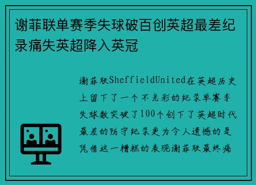 谢菲联单赛季失球破百创英超最差纪录痛失英超降入英冠